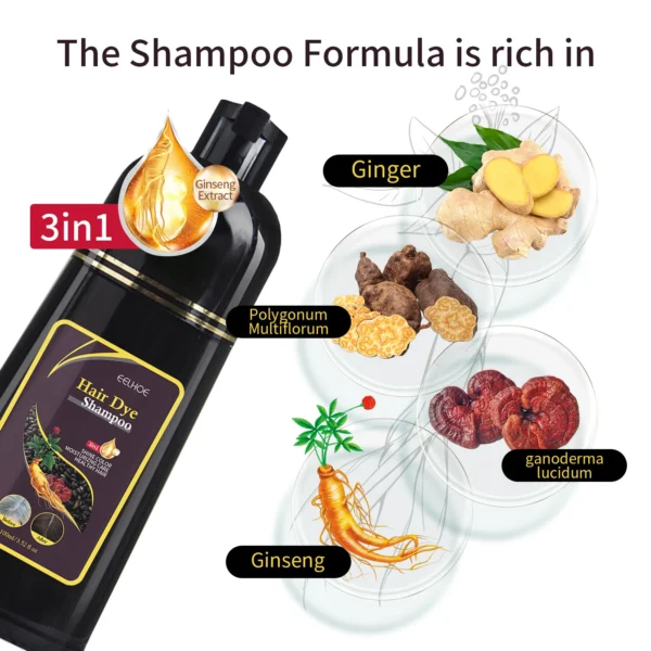 Shampooing colorant 3 en 1 pour cheveux gris, Polygonum, Multithorum, ingrédients à base de plantes, couverture de coloration assombrissante vidéo naturelle, 100ml - Image 2
