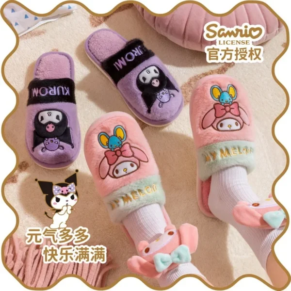 Genuine Sanrio Hello Kitty Plush Slippers Kuromi My Melody Warm Winter Indoor Slippers Flat Casual Non-slip Girl Home Shoes - Image 3