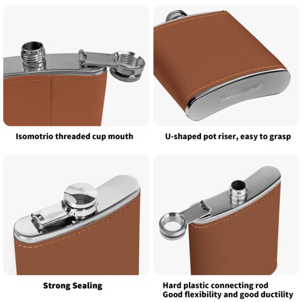 Custom Brown Leather Flask Wrapped Stainless Steel 6oz - Image 5