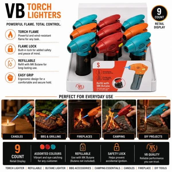 07 Image 26 juil. 2026, 22_38_04 VB Torch Lighter 4.25 Inch – Pack of 9