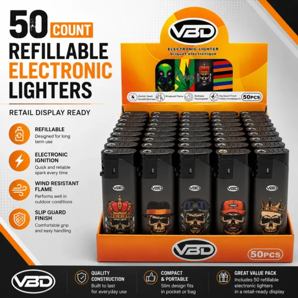 ChatGPT Image 19 août 2026, 08_07_39 VB Windproof Jet Flame Electronic Lighters, Skull Themed, 50 Count