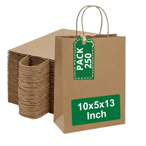 Pineuf brown kraft bags 10x5x13 - 250 count Brown kraft paper bags with handles, 10 x 5 x 13 inches, pack of 250
