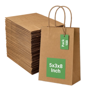 Pineuf brown kraft bags 5x3x8 - 100 count Brown kraft paper bags with handles, 5 x 3 x 8 inches, pack of 100