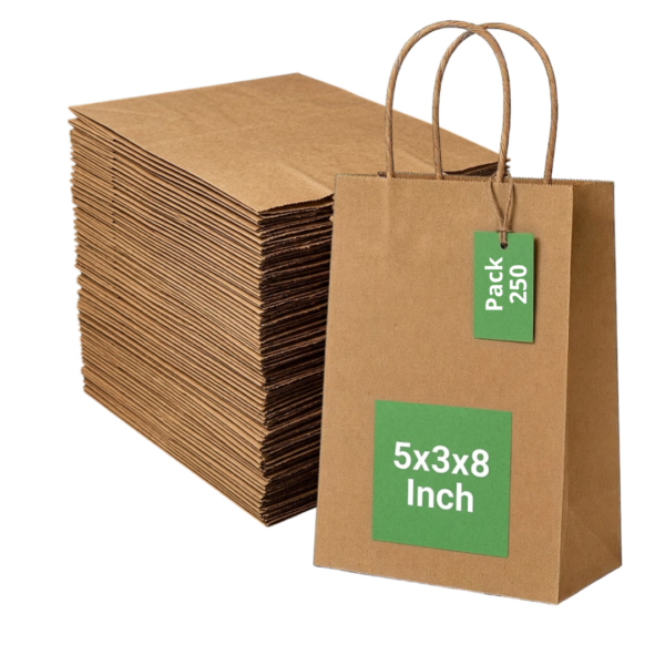 Pineuf brown kraft bags 5x3x8 - 250 count Brown kraft paper bags with handles, 5 x 3 x 8 inches, pack of 250