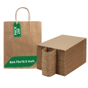 Pineuf brown kraft bags – 250 count Brown kraft paper bags with handles, 8 x 4.75 x 10.5 inches, pack of 250