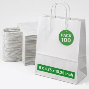 Pineuf white kraft bags - 100 count White kraft paper bags with handles, 8 x 4.75 x 10.25 inches, pack of 100