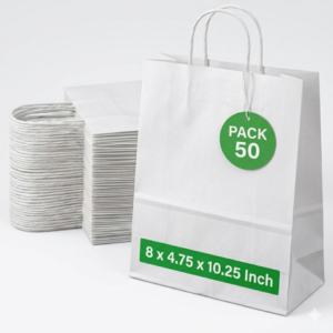 Pineuf white kraft bags - 50 count White kraft paper bags with handles, 8 x 4.75 x 10.25 inches, pack of 50