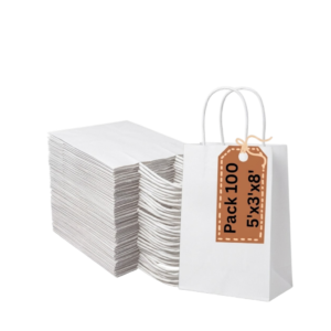 Pineuf white kraft bags 5x3x8 - 100 count White kraft paper bags with handles, 5 x 3 x 8 inches, pack of 100