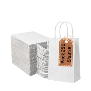 Pineuf white kraft bags 5x3x8 - 250 count White kraft paper bags with handles, 5 x 3 x 8 inches, pack of 250
