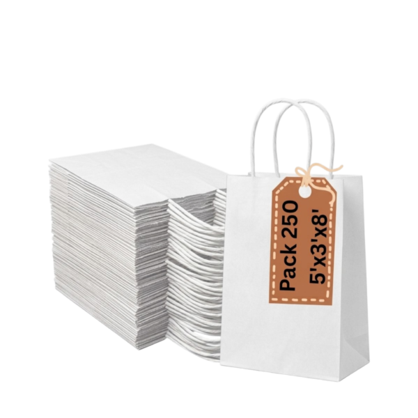 Pineuf white kraft bags 5x3x8 - 250 count White kraft paper bags with handles, 5 x 3 x 8 inches, pack of 250