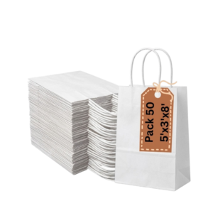 Pineuf white kraft bags 5x3x8 - 50 count White kraft paper bags with handles, 5 x 3 x 8 inches, pack of 50