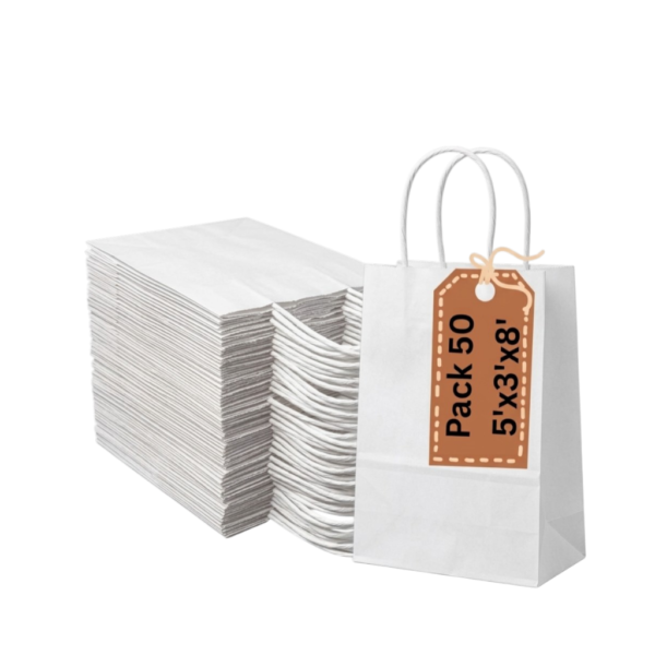 Pineuf white kraft bags 5x3x8 - 50 count White kraft paper bags with handles, 5 x 3 x 8 inches, pack of 50